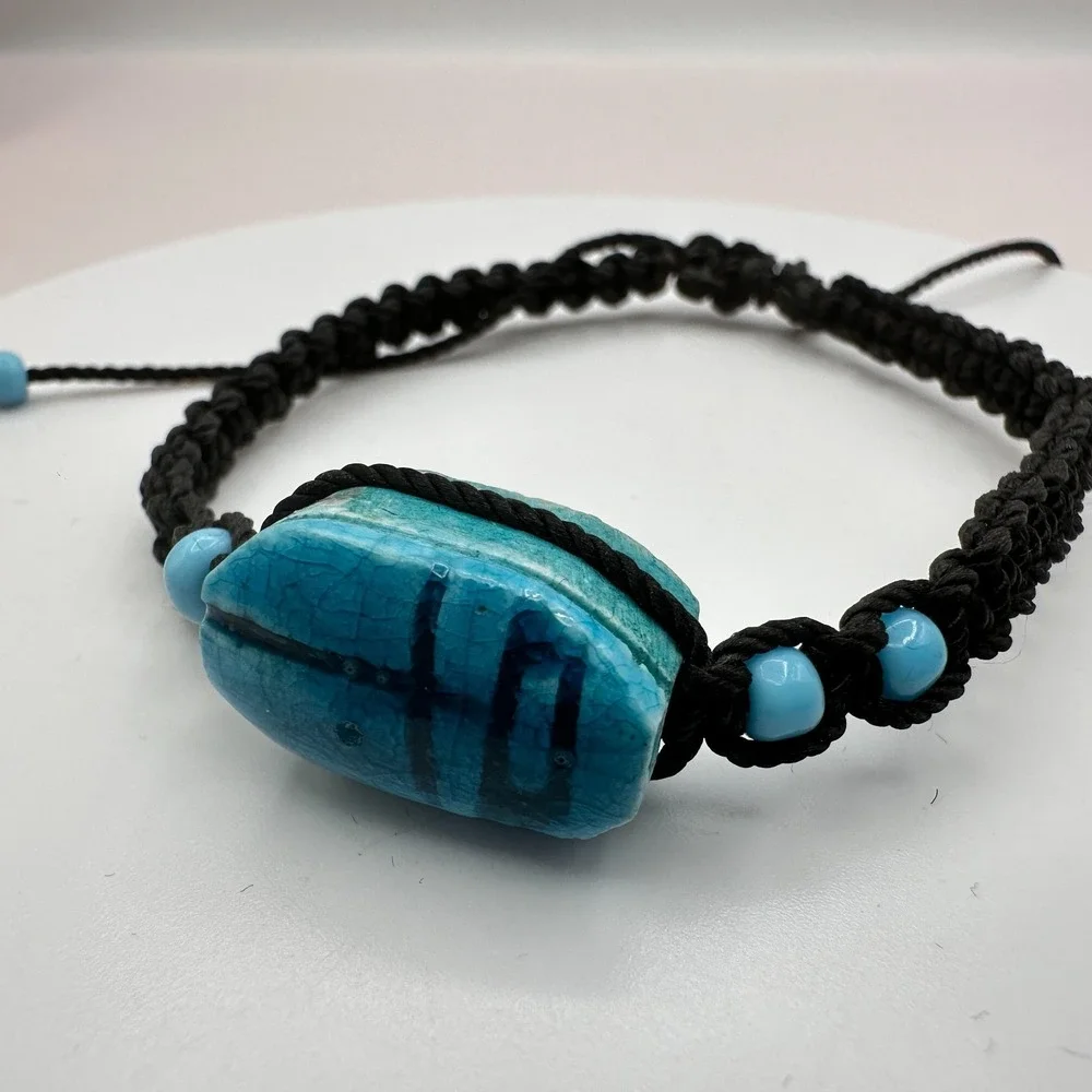 Vintage 90s Egyptian Scarab Bracelet Blue Glass Stone Braided Cord Boho Jewelry